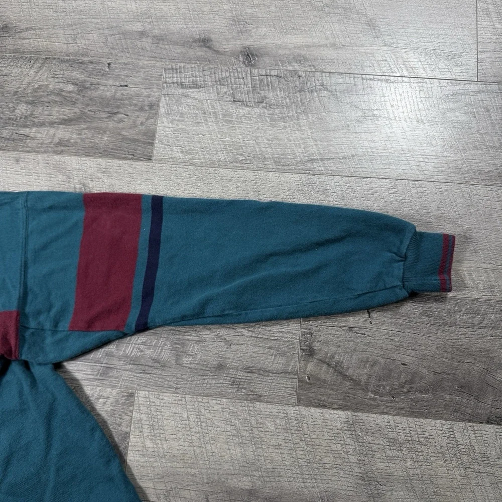 VNTG 80s LL Bean Large Green Blue Knit Sweater Pullover Mock Neck Made In USA